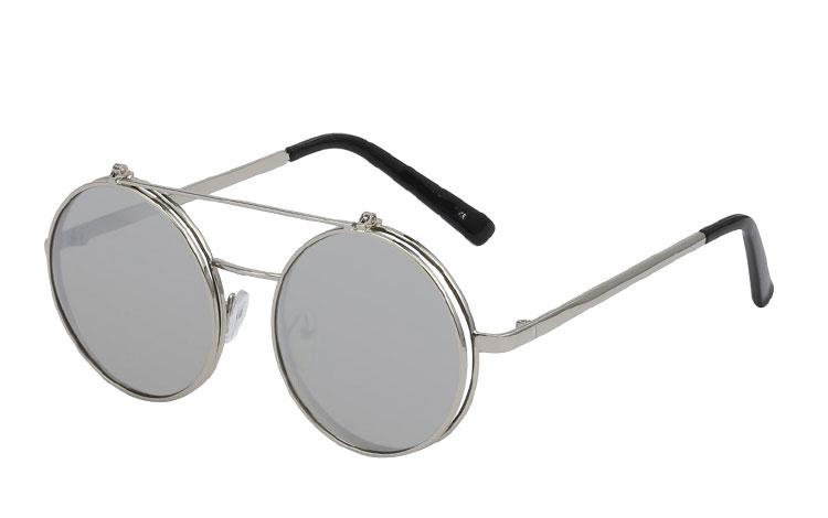 SÃ¸lvfarvet brille med spejl flip up solbrille - Design nr. 3468