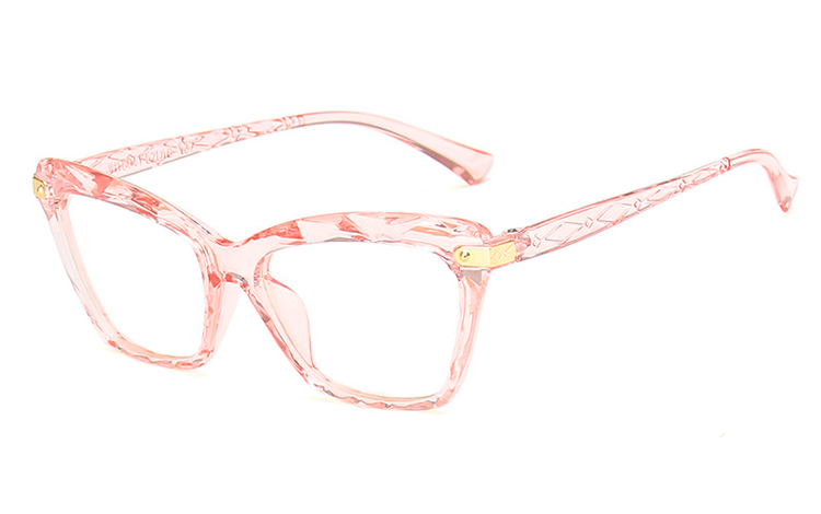 LyserÃ¸d transparent cat-eye brille i mÃ¸nstret og indgraveret glas. - Design nr. 4396