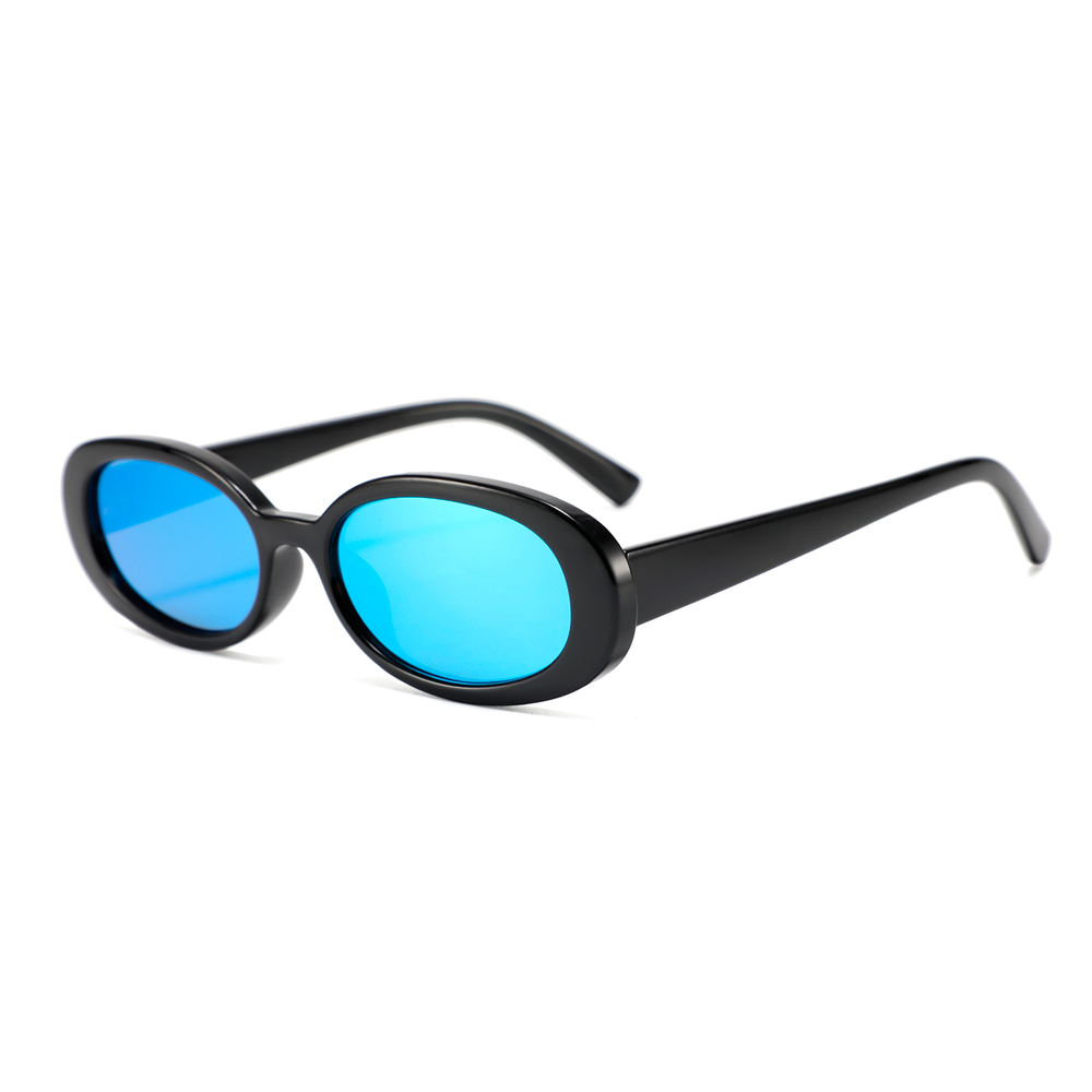 Smuk oval solbrille i blank sort stel med isblÃ¥ spejlglas - Design nr. 4553