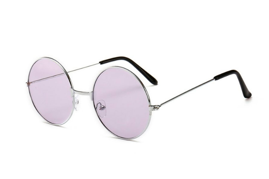 Rund solbrille i sÃ¸lvfarvet rundt lennon design med lyselilla glas - Design nr. s4177