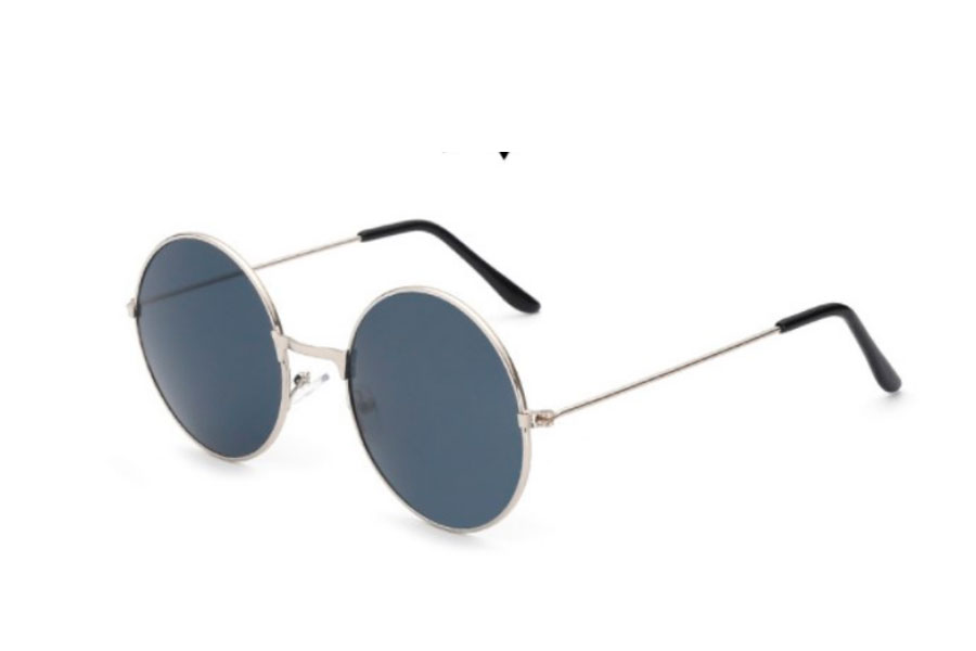 Rund solbrille i sÃ¸lvfarvet metal stel med mÃ¸rke grÃ¥-sorte glas - Design nr. s4187