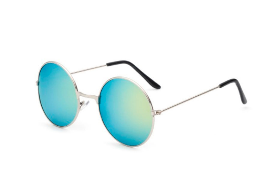 Rund solbrille i sÃ¸lvfarvet metal stel med spejlglas i grÃ¸n-gule nuancer - Design nr. s4191
