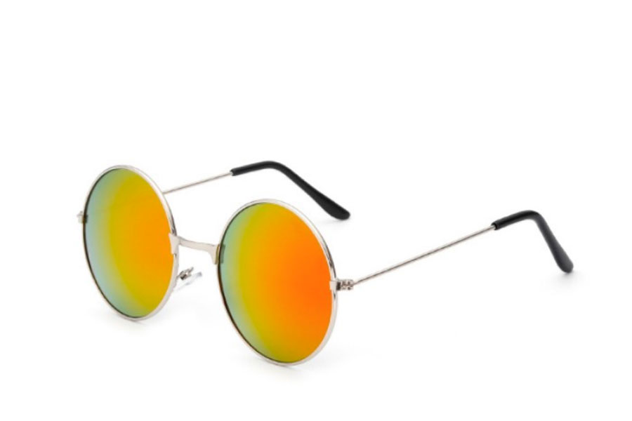 Rund solbrille i sÃ¸lvfarvet metal stel med spejlglas i orange-gule nuancer - Design nr. s4193