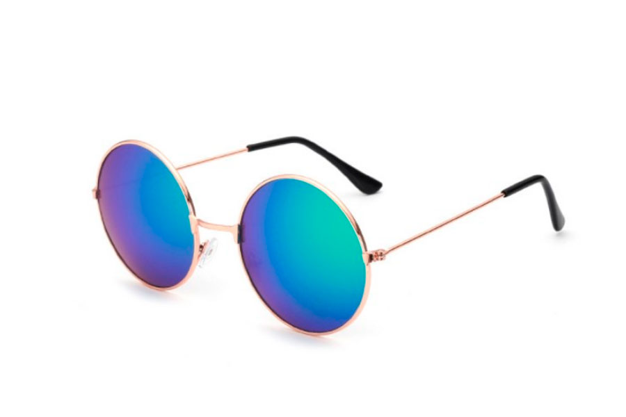 Rund lennon solbrille i guldfarvet metal stel med spejlglas i blÃ¥-grÃ¸nne nuancer - Design nr. s4194