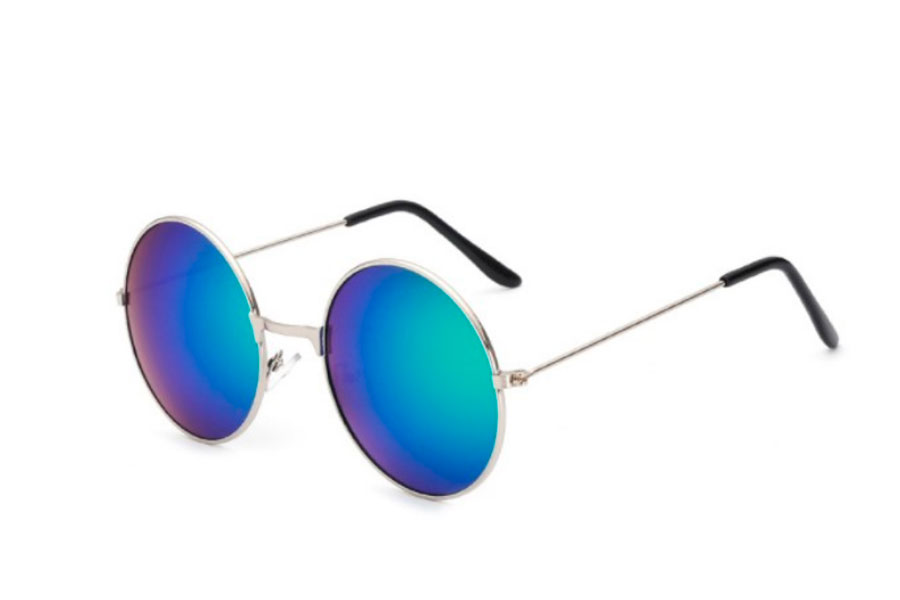Rund lennon solbrille i sÃ¸lvfarvet metal stel med spejlglas i lillablÃ¥-grÃ¸nne nuancer - Design nr. s4195